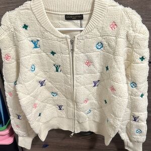 Cream Zip-Front Embroidered Logo Cardigan size M